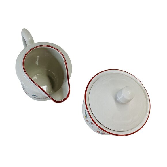 Vintage Christmas Farberware Ceramic Sugar Bowl Creamer Set With Lid Snowman - Picture 2 of 7